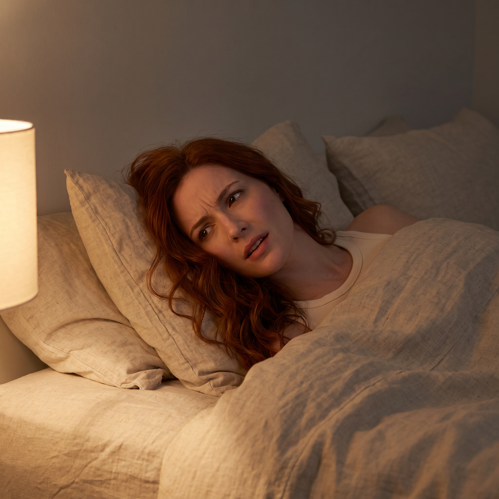 Woman alone in bed at night, mouth open, restless expression
